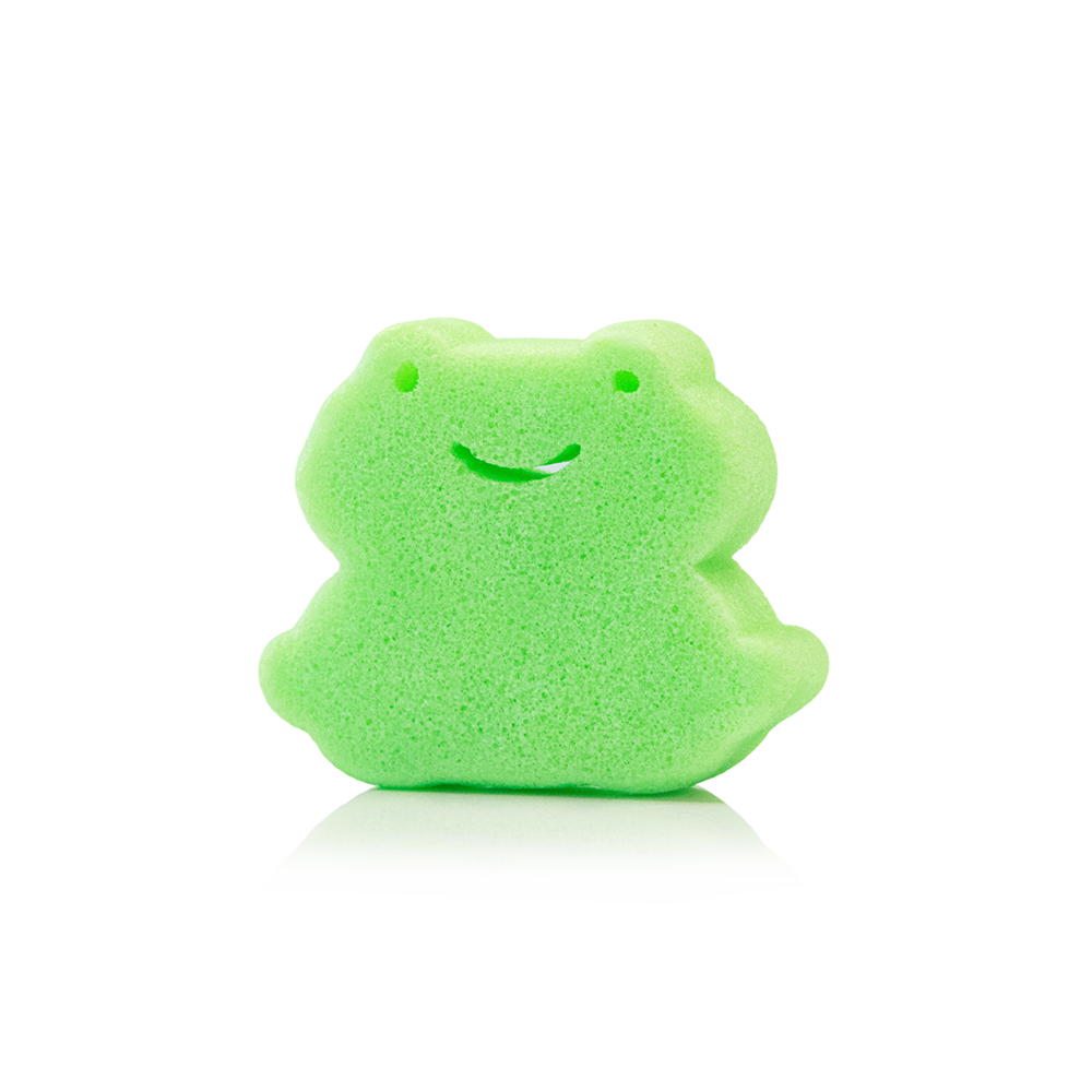Spongellé Eco Animals Kids Frog body wash-infused buffer with colorful, playful frog design for gentle cleansing.
