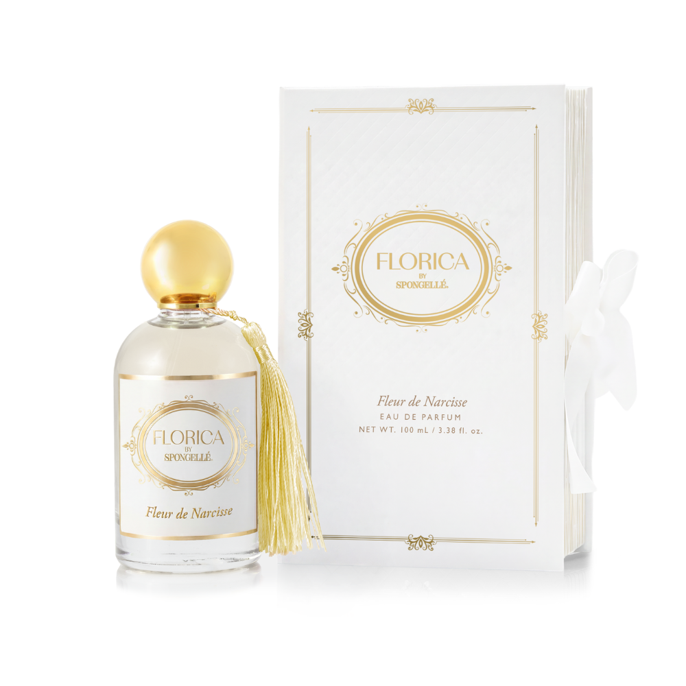 Spongellé Fleur de Narcisse Eau de Parfum body fragrance bottle with elegant floral design and white cap.