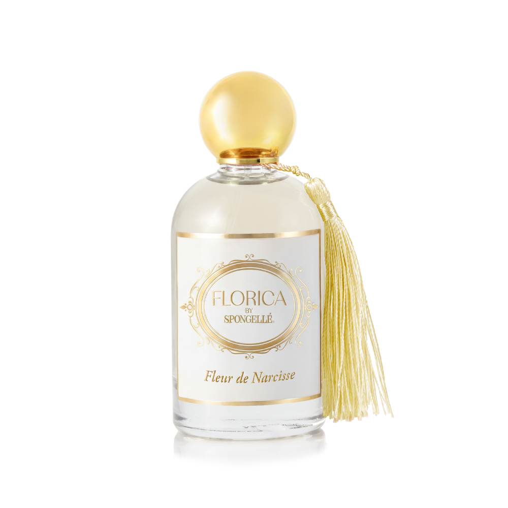 Spongellé Fleur de Narcisse Eau de Parfum body fragrance bottle with elegant floral design and white cap.