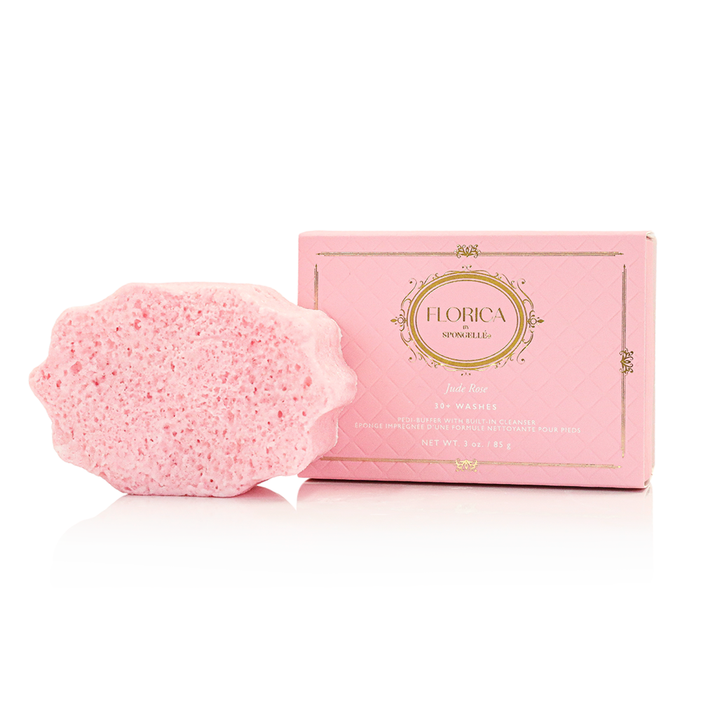 Spongellé Sweet Gesture Jude Rose 3-piece bath gift set with fragrant rose-scented body washes and loofah accessories.
