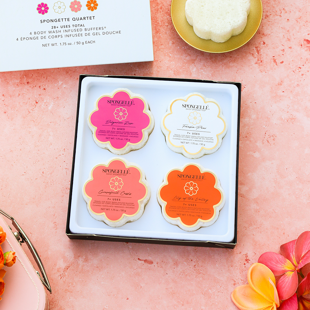 Set of four Spongellé Spongette body gift sponges in a gift set, showcasing soft, colorful exfoliating body wash accessories.