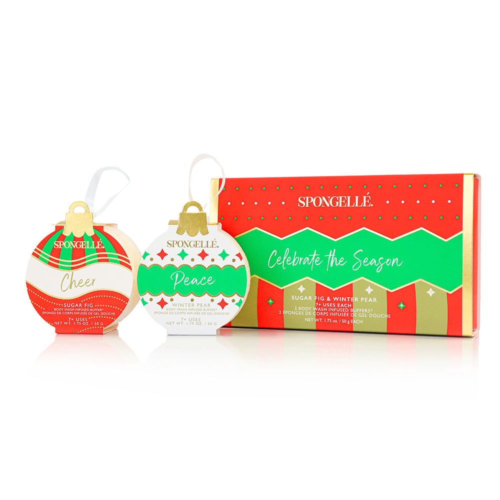 Spongellé Celebrate the Season holiday ornament gift set with body wash infused buffer in festive packaging.