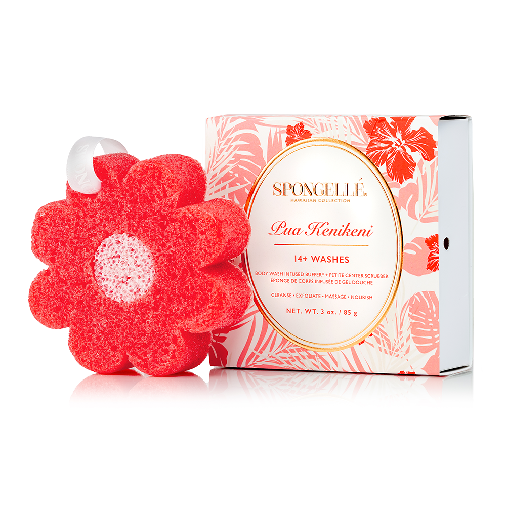 Hawaiian Pua Kenikeni body wash infused buffer by Spongellé, showing the textured sponge with floral design and vibrant colors.