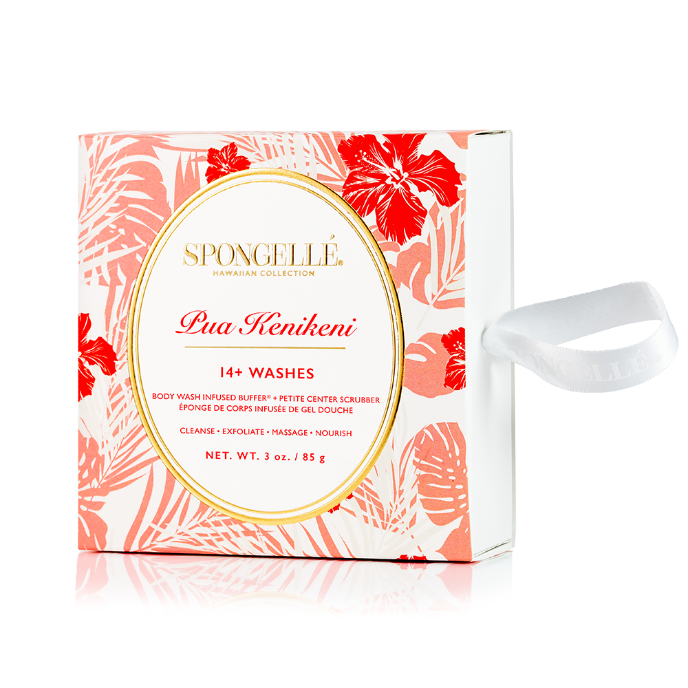 Hawaiian Pua Kenikeni Body Wash Infused Buffer by Spongellé, featuring a textured buffer sponge with floral design and vibrant colors.