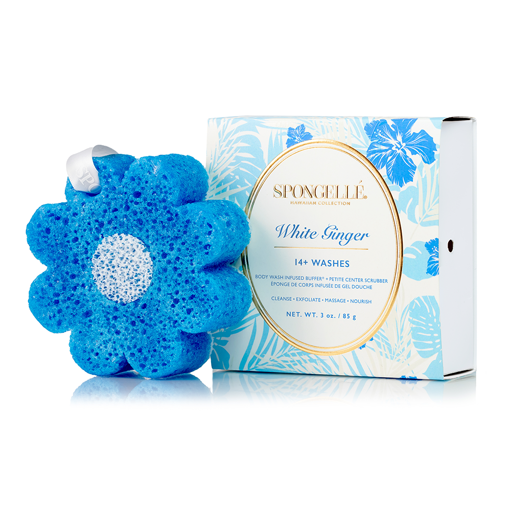 Spongellé White Ginger Hawaiian Buffer body wash-infused buffer with white ginger scent, showing the textured sponge for skincare.