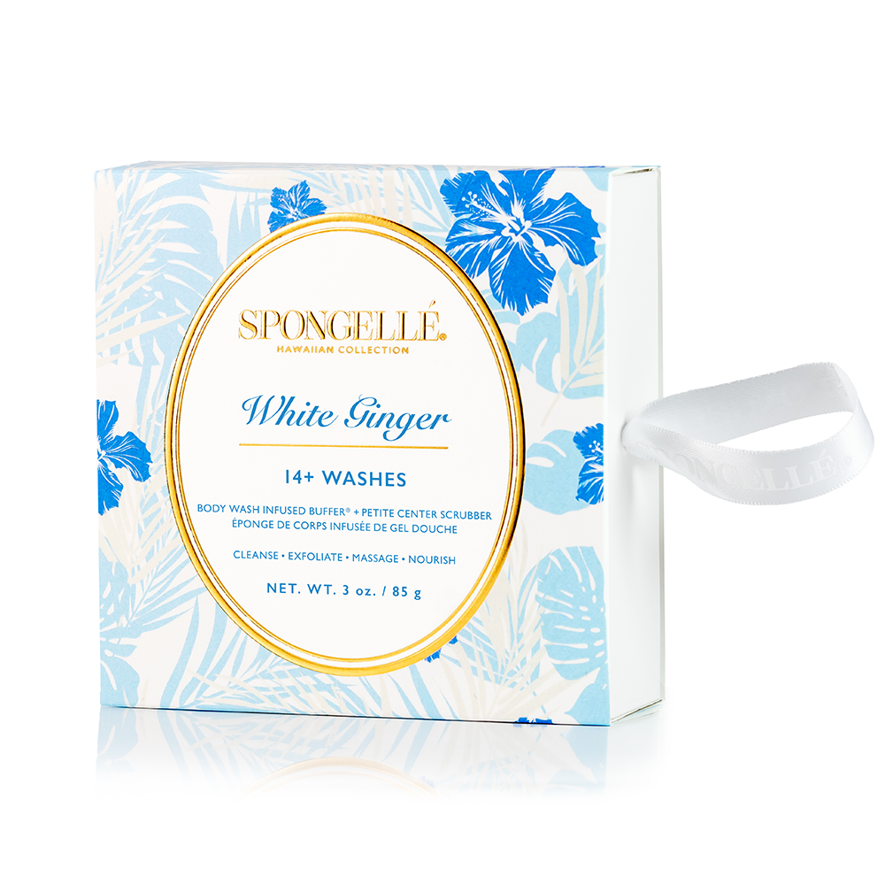 White Ginger Hawaiian Buffer by Spongellé, a body wash infused buffer with a white ginger scent and textured exfoliating surface.