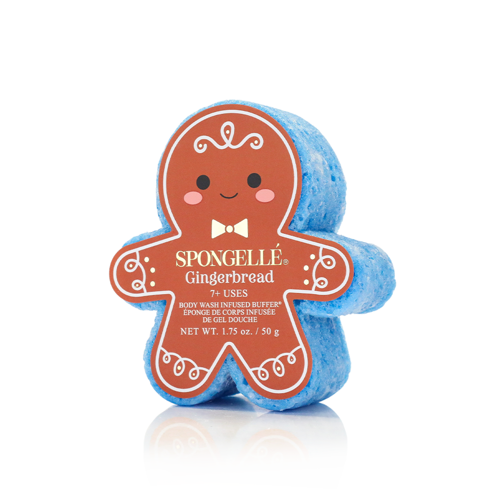 Spongellé Sugar & Spice holiday gingerbread body wash infused buffer with festive gingerbread scent and decorative packaging.