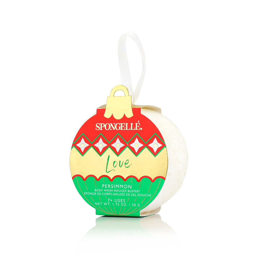 Spongellé Holiday Ornament Assorted Pack with body wash-infused buffers in festive ornament shapes and designs.