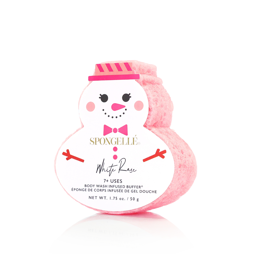 White Rose Holiday Snowman body wash infused buffer by Spongellé, featuring a festive snowman design with white rose scent.