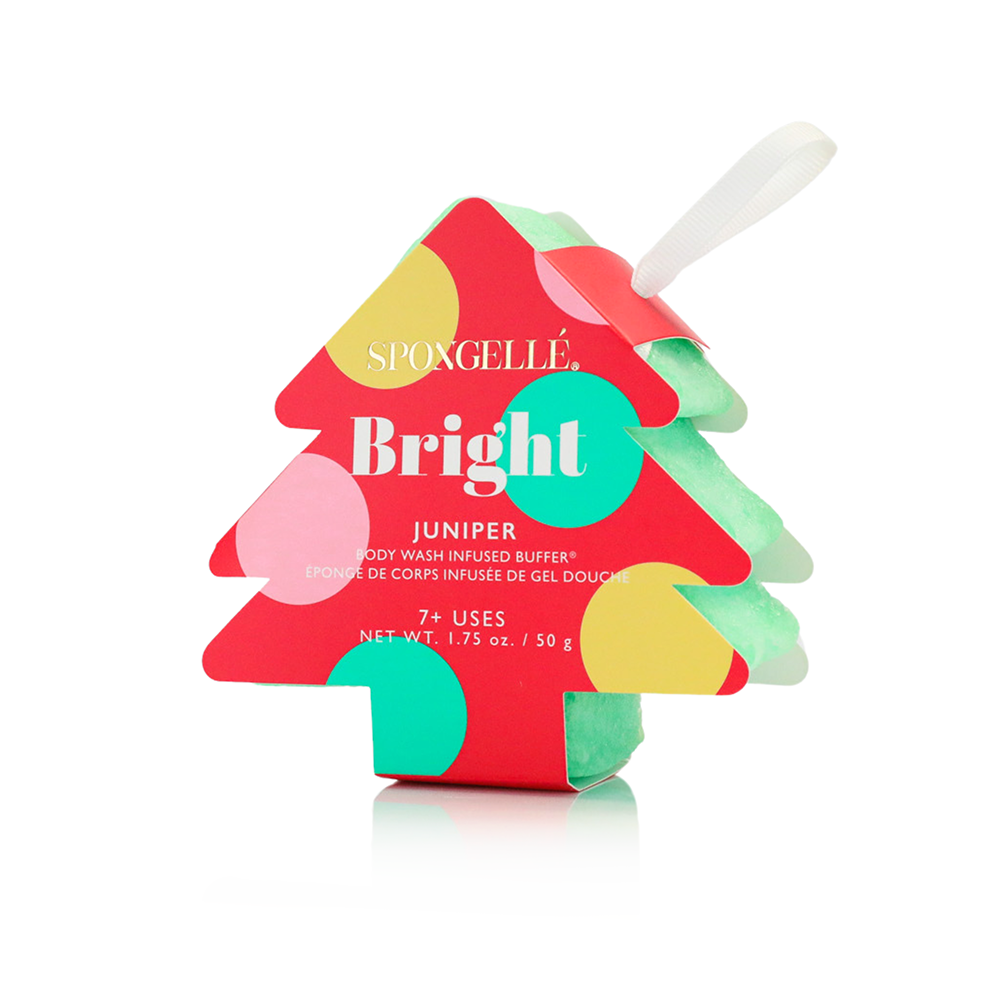 Spongellé Season's Greetings Holiday Tree Body Wash Infused Buffer with festive holiday design and textured surface for cleansing