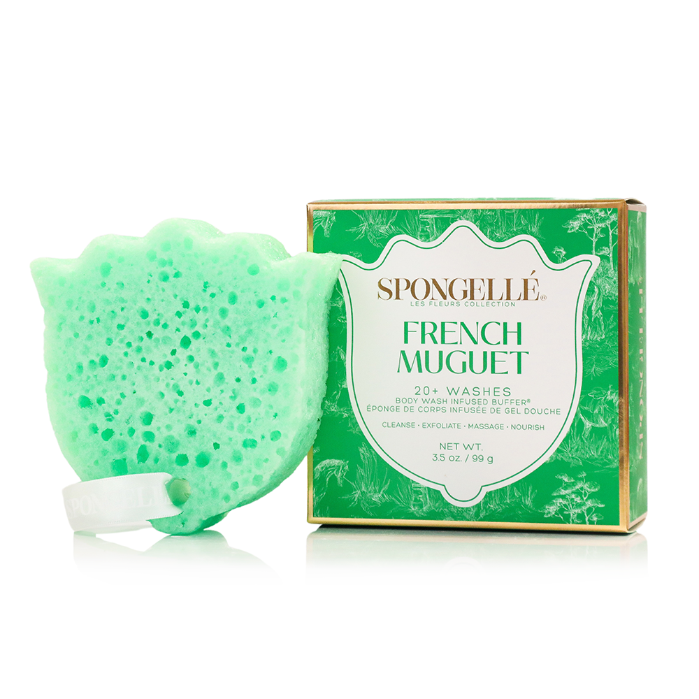 Spongellé French Muguet Les Fleurs body wash infused buffer with textured surface and floral design for gentle cleansing