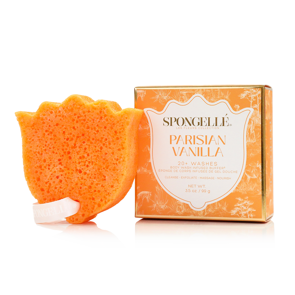 Spongellé Les Fleurs Body Buffer Trio Set 2, body wash-infused buffers with floral scents, displayed in the image.