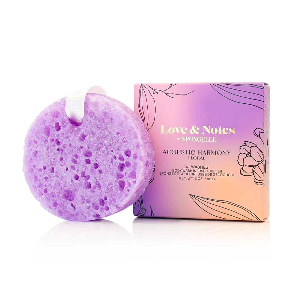 Spongellé Acoustic Harmony Love & Notes body wash infused buffer with floral and citrus scents, showing the textured sponge.
