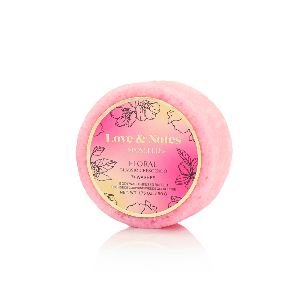Spongellé Love & Notes Spongette assorted pack, body wash infused buffer with colorful sponge textures for gentle cleansing.