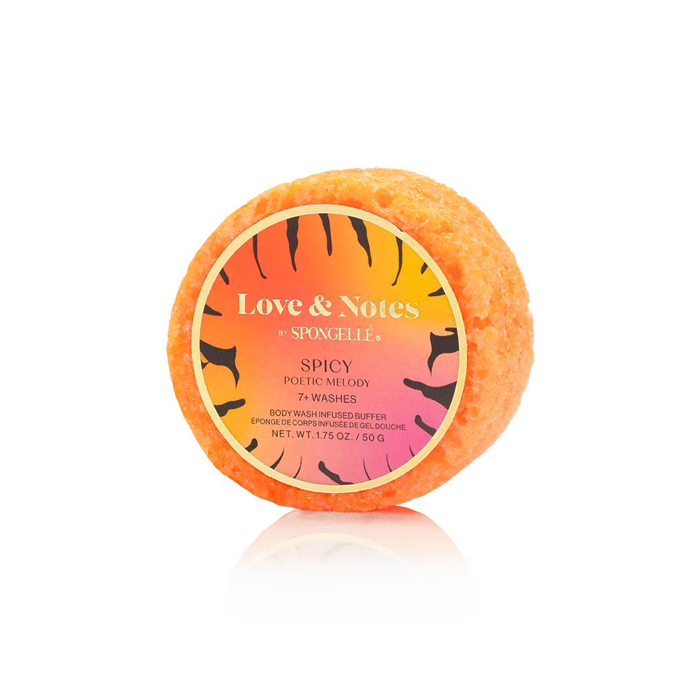 Spongellé Love & Notes Spongette assorted pack, body wash infused buffer with colorful sponge textures and floral accents.