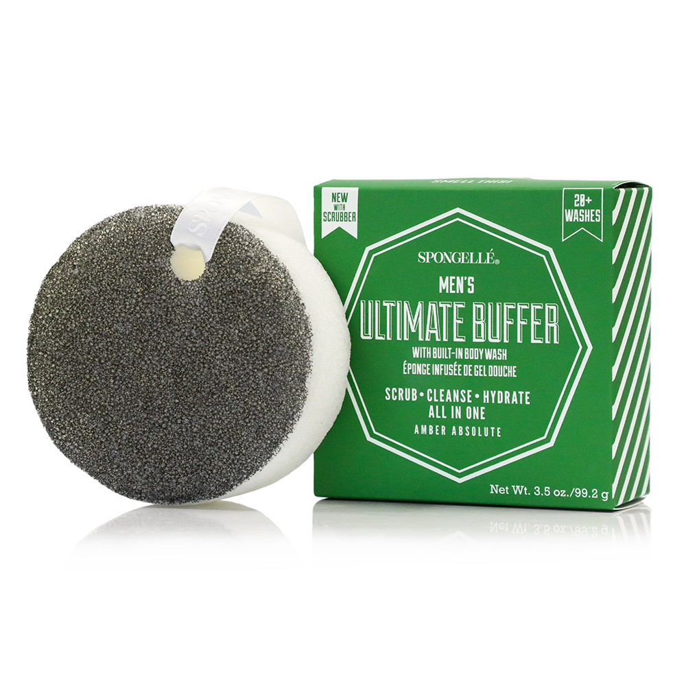 Men's Black Scrubber Ultimate Buffer from Spongellé, body wash infused buffer for cleansing and exfoliating the skin.