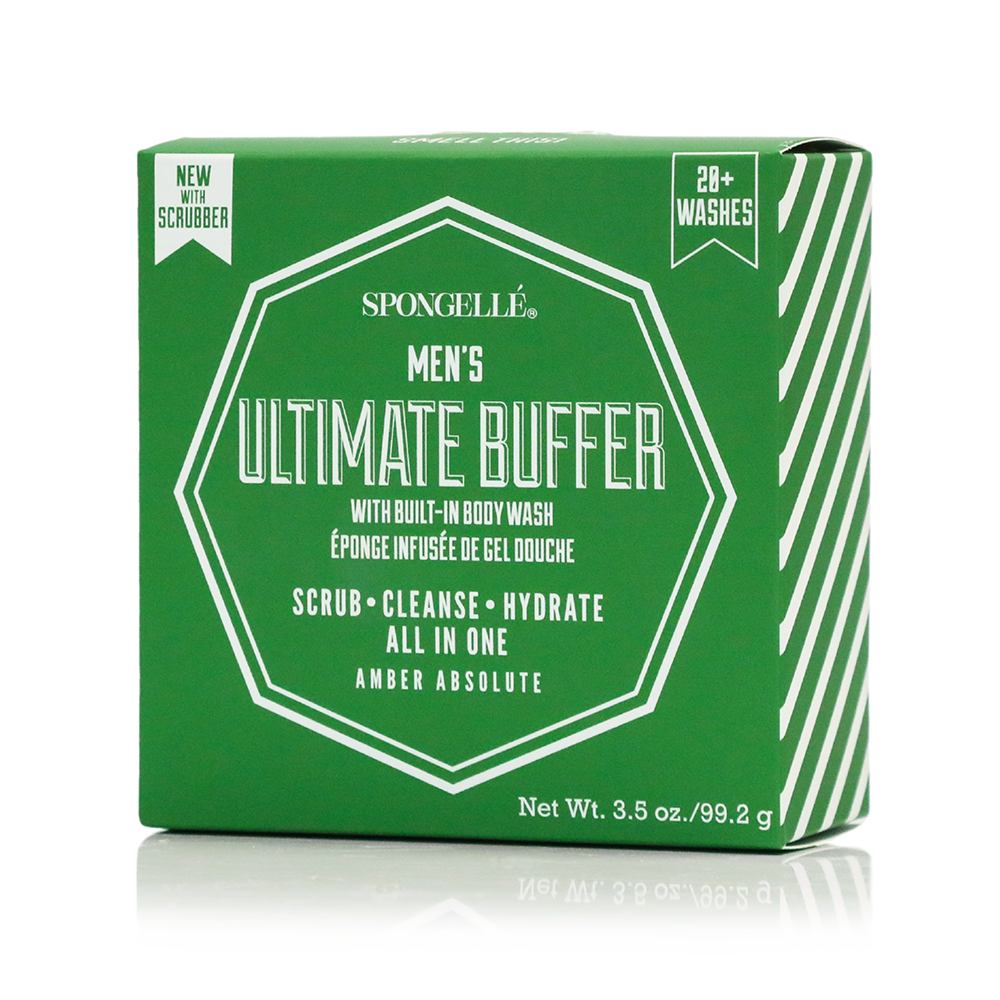Black men's body wash infused buffer with exfoliating scrubber, designed for cleansing and refreshing skin.