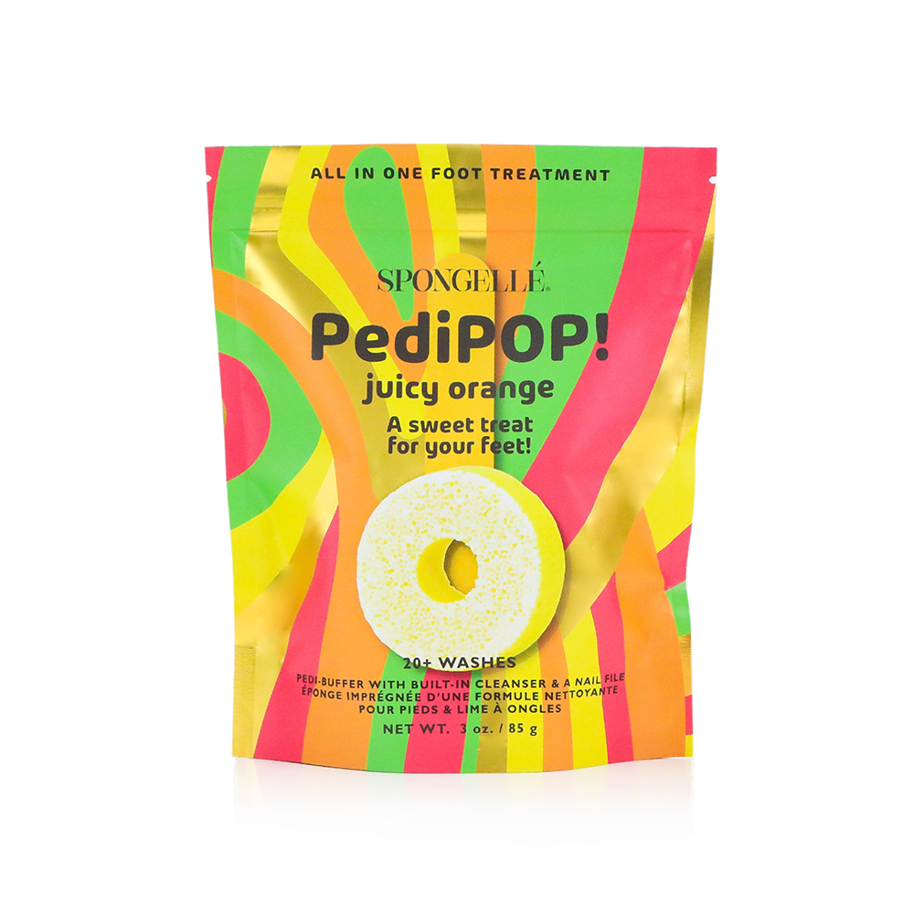 Spongellé PediPOP! Juicy Orange Pedi Buffer and Nail File for smooth, exfoliated feet with vibrant orange design