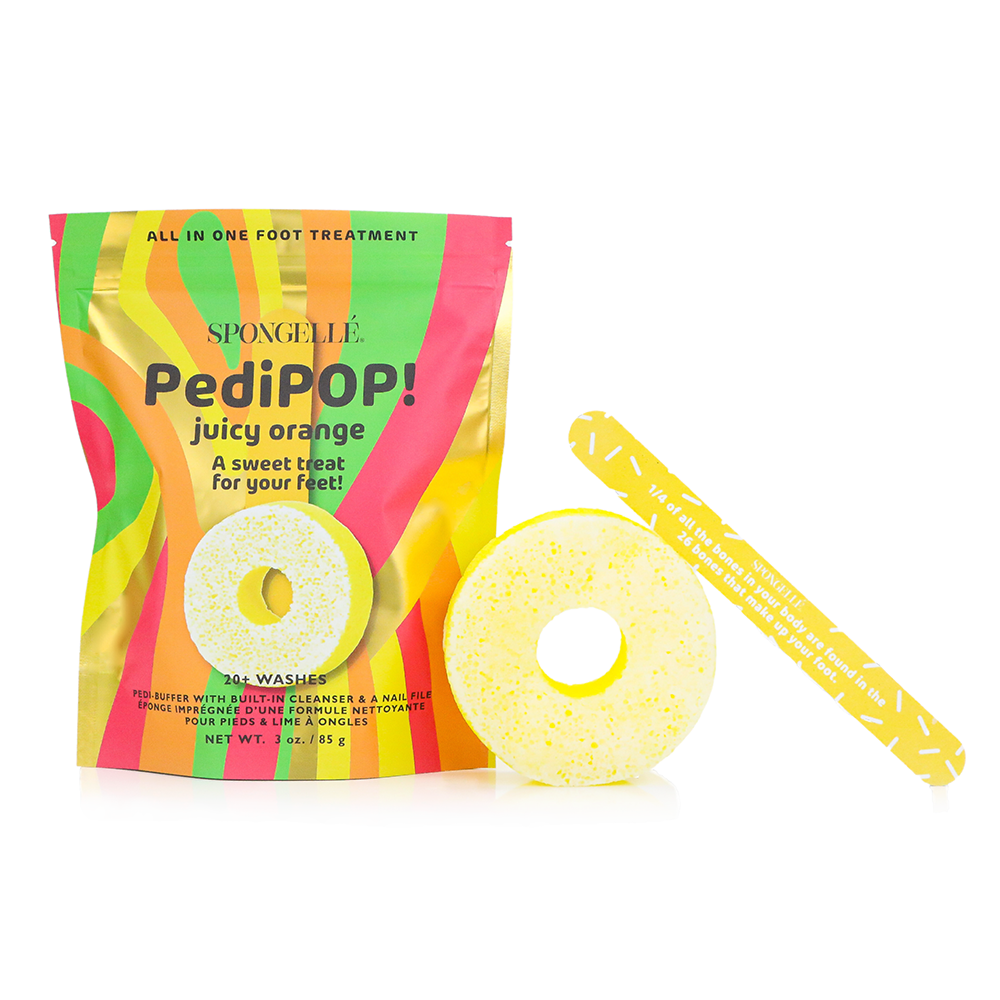 Spongellé PediPOP! Juicy Orange Pedi Buffer and Nail File for smooth, refreshed feet and nails.