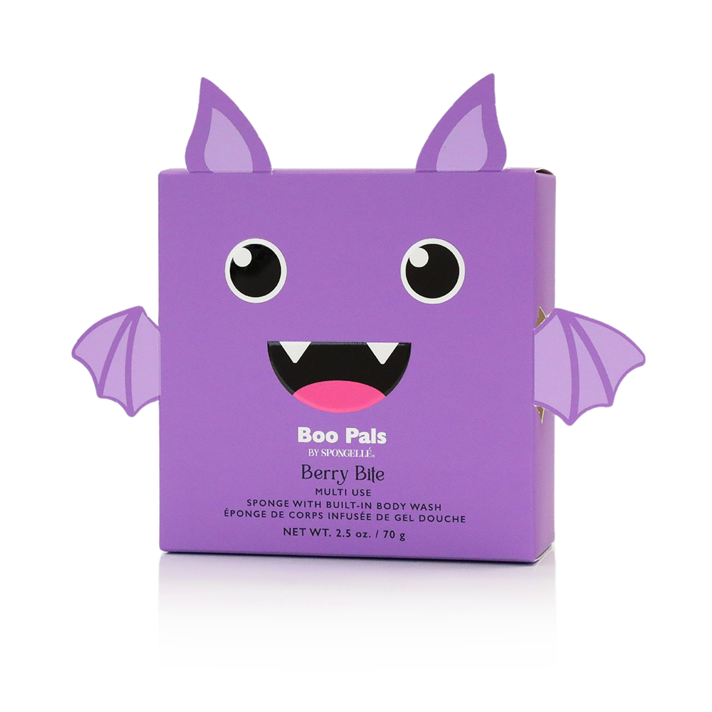 Spongellé Berry Bite Bat Boo Pals Body Wash Infused Buffer with berry-themed design and textured surface for gentle cleansing.