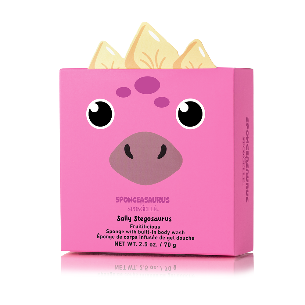 Sally Stegosaurus Spongeasaurus dinosaur body wash infused buffer by Spongellé, featuring a colorful stegosaurus design for skincare.
