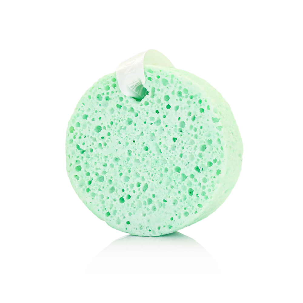 Spongellé Pistachio body wash-infused buffer with textured sponge surface for exfoliating and cleansing the skin.