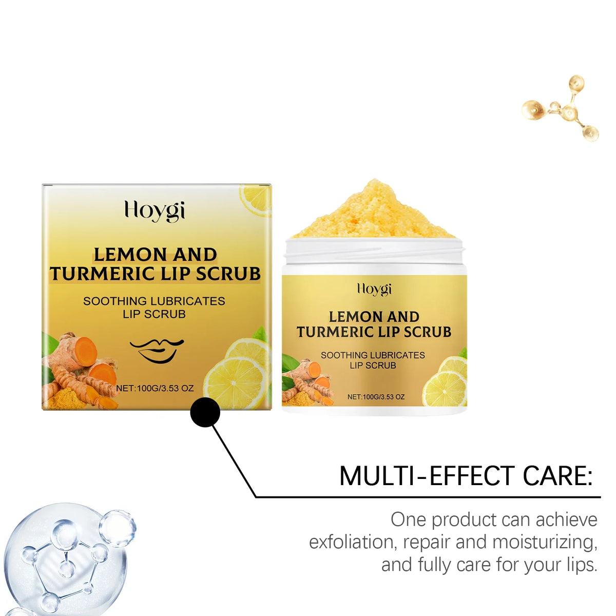 Blushimmer Hoygi 100g turmeric lemon lip scrub with exfoliating texture for moisturizing, nourishing, and removing dead skin from lips.
