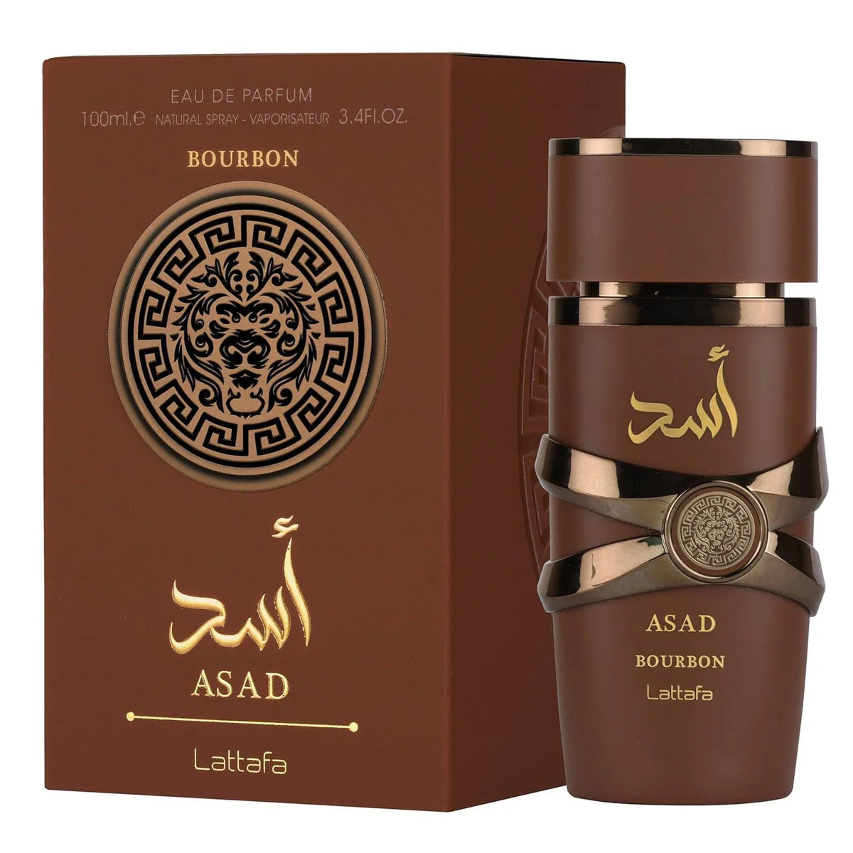 Lattafa Asad Bourbon unisex Eau de Parfum spray by Blushimmer, 3.4 oz, showing the elegant perfume bottle with gold accents.