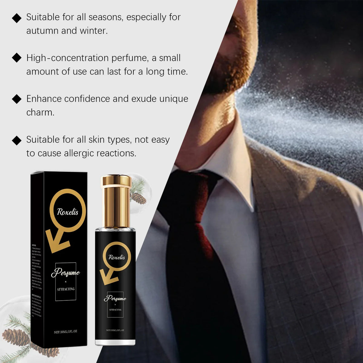 Blushimmer Roxelis 30ml men's pheromone perfume with cedar scent, romantic and fresh fragrance for dating and flirting.