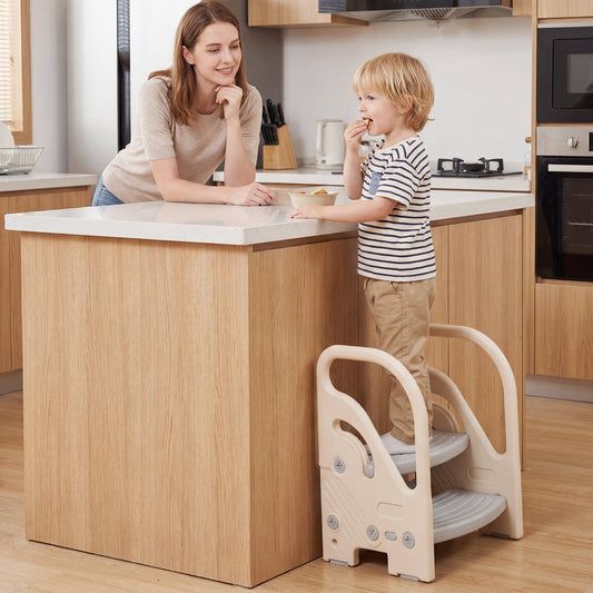 Adjustable 2-step kids helper stool with safety handles and non-slip pads, ideal for bedroom use.