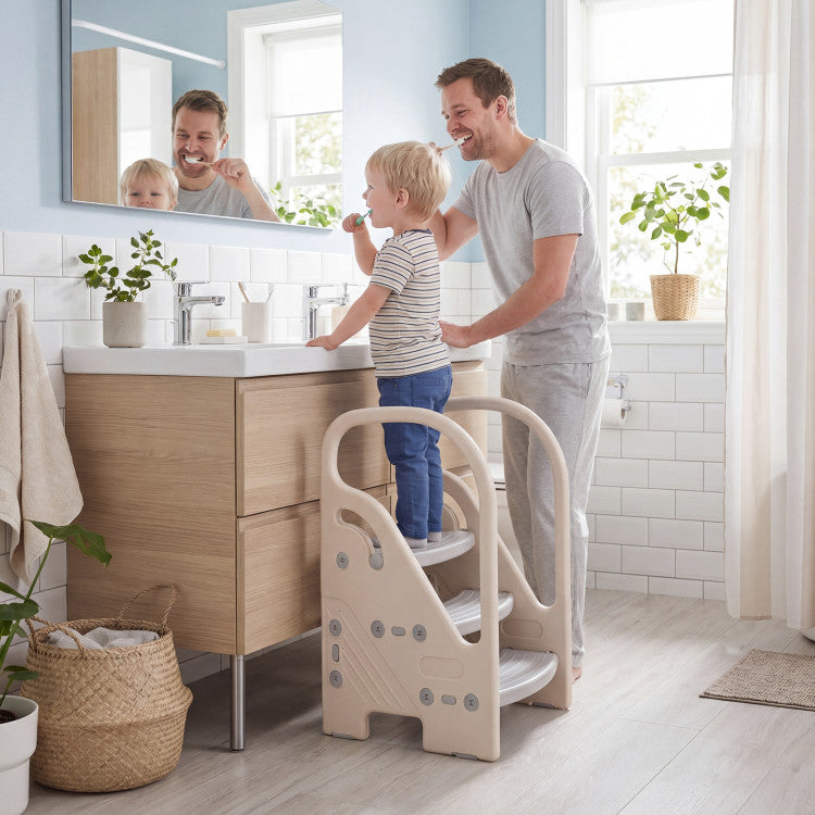 Adjustable 3-step helper stool with safety handles for kids, featuring sturdy design and non-slip steps for secure use.