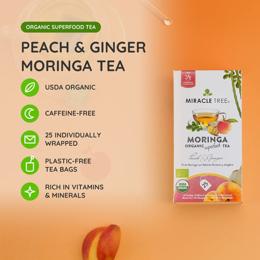 Organic Moringa Tea by Miracle Tree featuring peach and ginger, caffeine-free herbal tea with fresh tea leaves and vibrant ingredients.