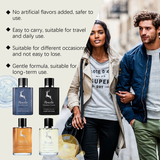 Blushimmer Roxelis 50ml charming perfume bottle with elegant design, showcasing lasting pheromone scent and refreshing odor removal for men.