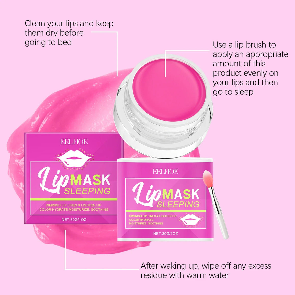 Blushimmer Eelhoe 30g plumping lip mask with moisturizing, hydrating, and anti-cracking properties for smoother, brighter lips.