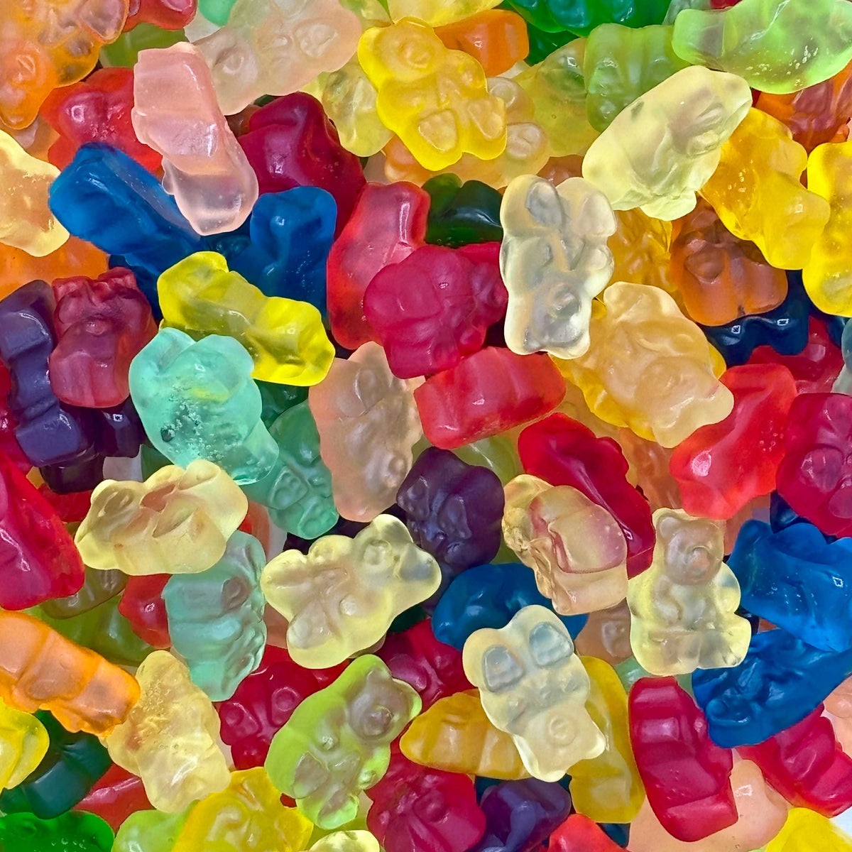 Assorted Albanese Gummy Bears in a bulk value bag, colorful gummy candies from Candy In Bulk, displayed in a clear bag.
