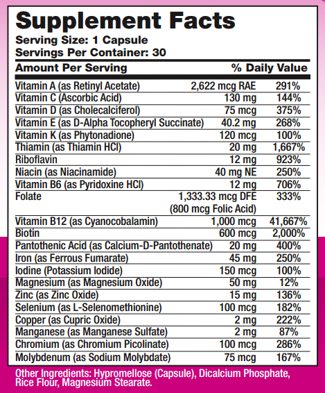 AmBari Nutrition bariatric one-a-day multivitamin supplement with iron, showing label with supplement facts.