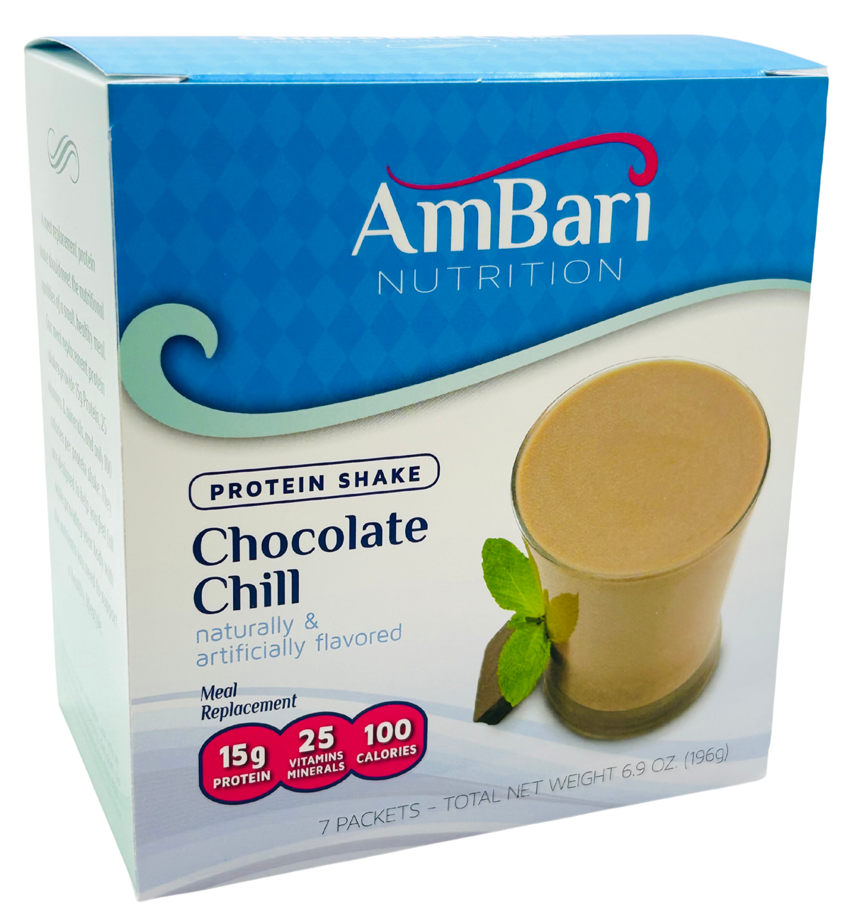 Chocolate Chill Mint Shake by AmBari Nutrition, a creamy chocolate and mint flavored protein shake in a 15g serving.