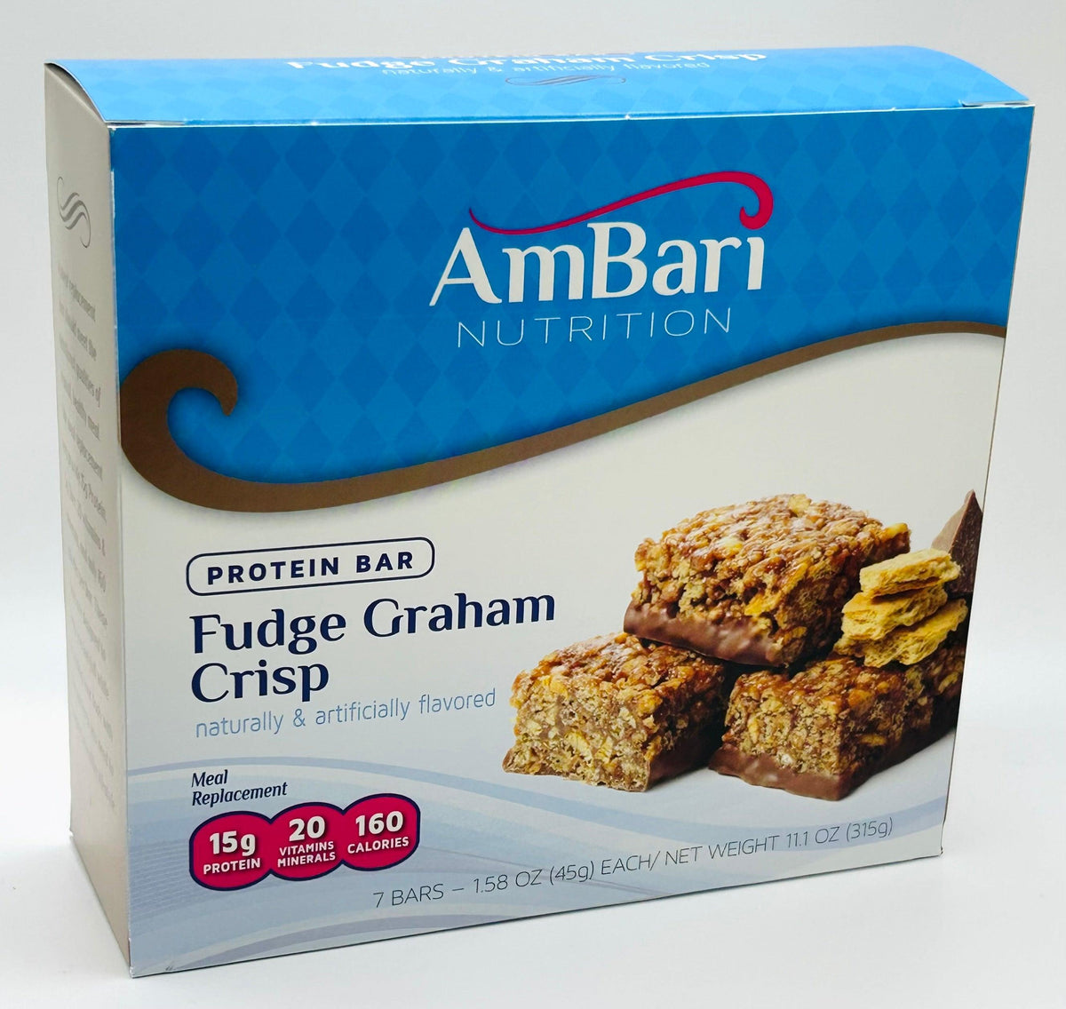 AmBari Nutrition Fudge Graham protein bars with chocolate and graham cracker layers, showing the bar's textured surface.