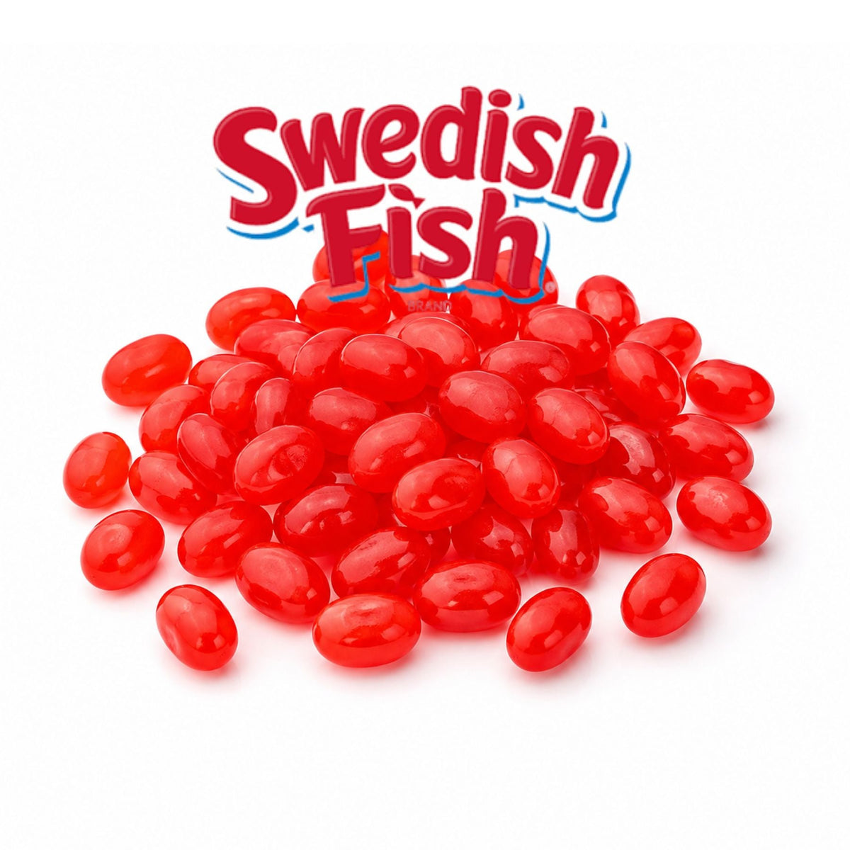 Swedish Fish Jelly Beans candy in a bulk value bag from Candy In Bulk, showing colorful gummy fish pieces in a clear bag.