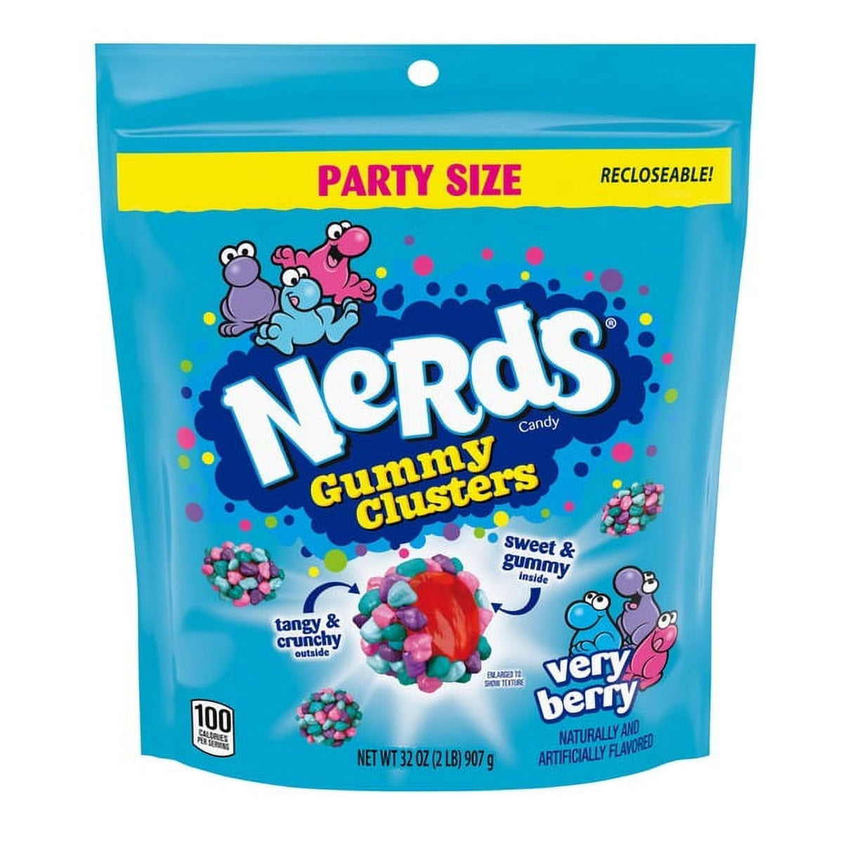 Candy In Bulk Nerds Gummy Clusters in a 32oz bag, colorful gummy candies with crunchy Nerds coating, displayed in a clear bag.