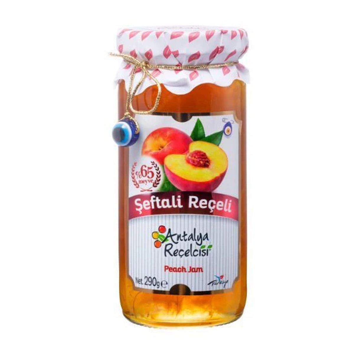 Jar of S101 Antalya Peach Jam, 290g, showing fresh peach jam with a golden color and label on the glass jar.