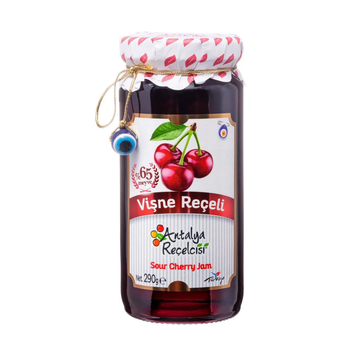 S101 Antalya Sour Cherry Jam in a jar, showcasing vibrant red sour cherries and smooth jam texture.