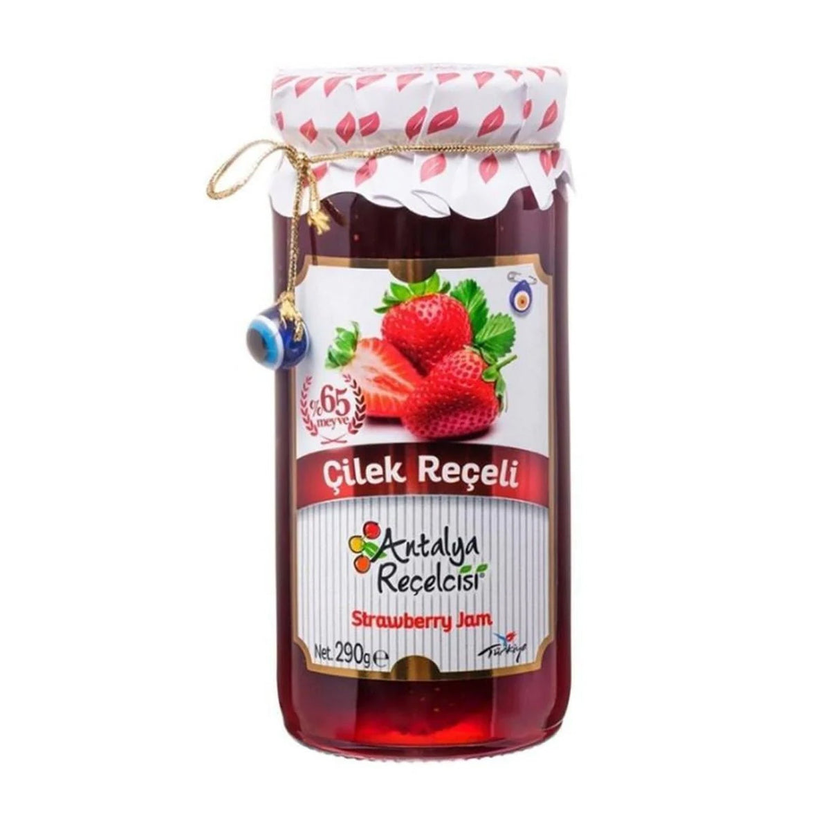 Jar of Antalya Strawberry Jam by S101 showing fresh strawberries and jam spread in a glass jar.