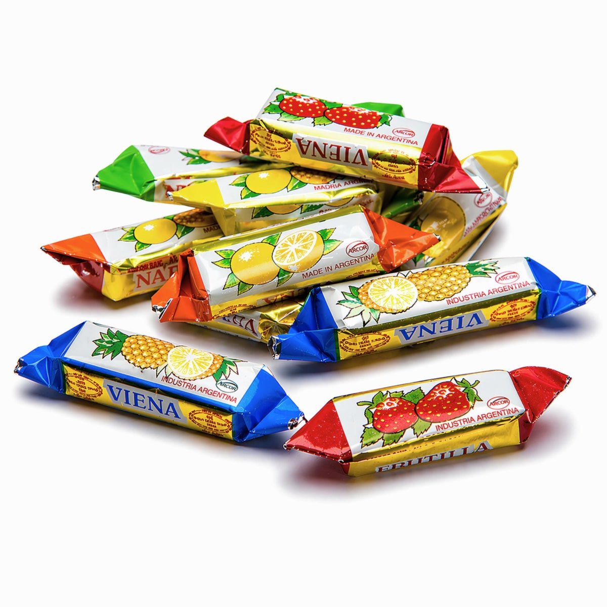 Assorted Arcor Vienna Fruit Filled hard candies from Candy In Bulk in a large value bag, showcasing colorful, fruit-filled candy pieces.