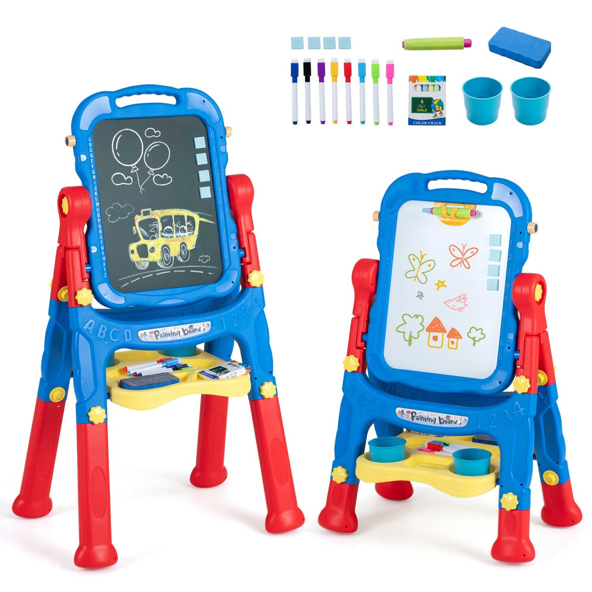 Kids art easel by GBruno Store with adjustable height, featuring a chalkboard, whiteboard, and 22 accessories for creative drawing.