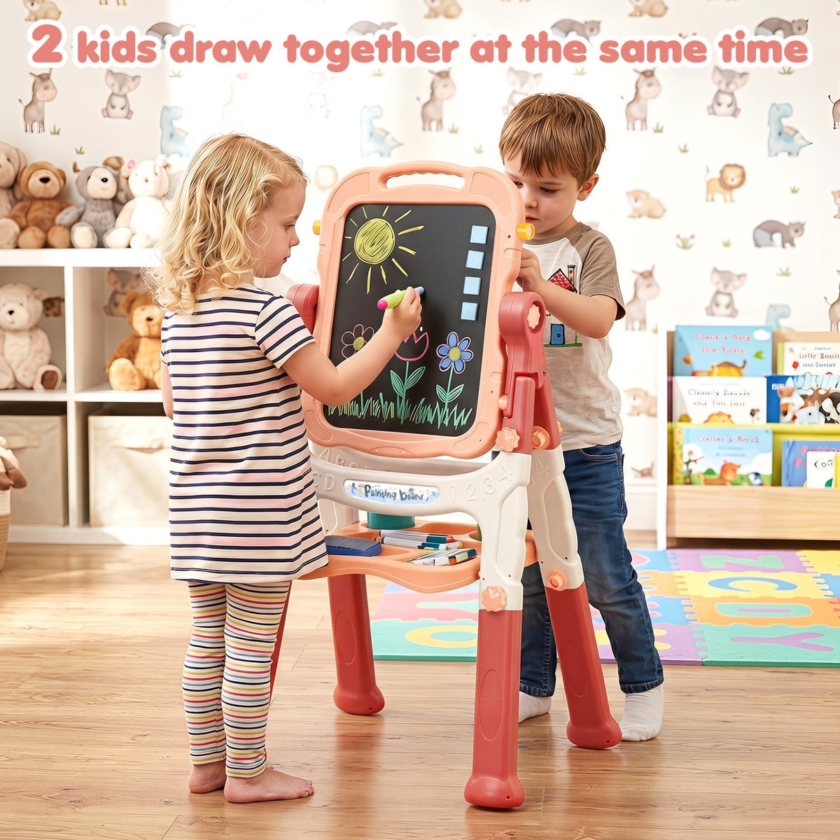 Kids art easel by GBruno Store with adjustable height, featuring a chalkboard, whiteboard, and 22 art accessories for creative play.