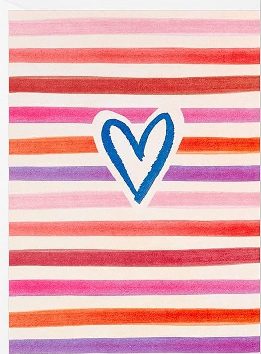Colorful striped heart greeting card by Candy In Bulk featuring a cheerful design for special occasions.