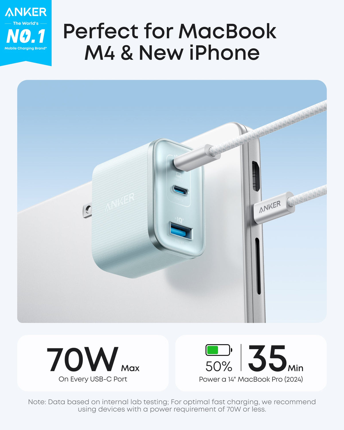 Anker Nano Charger with 70W power and three USB ports, compact white charging adapter for smartphones and devices.