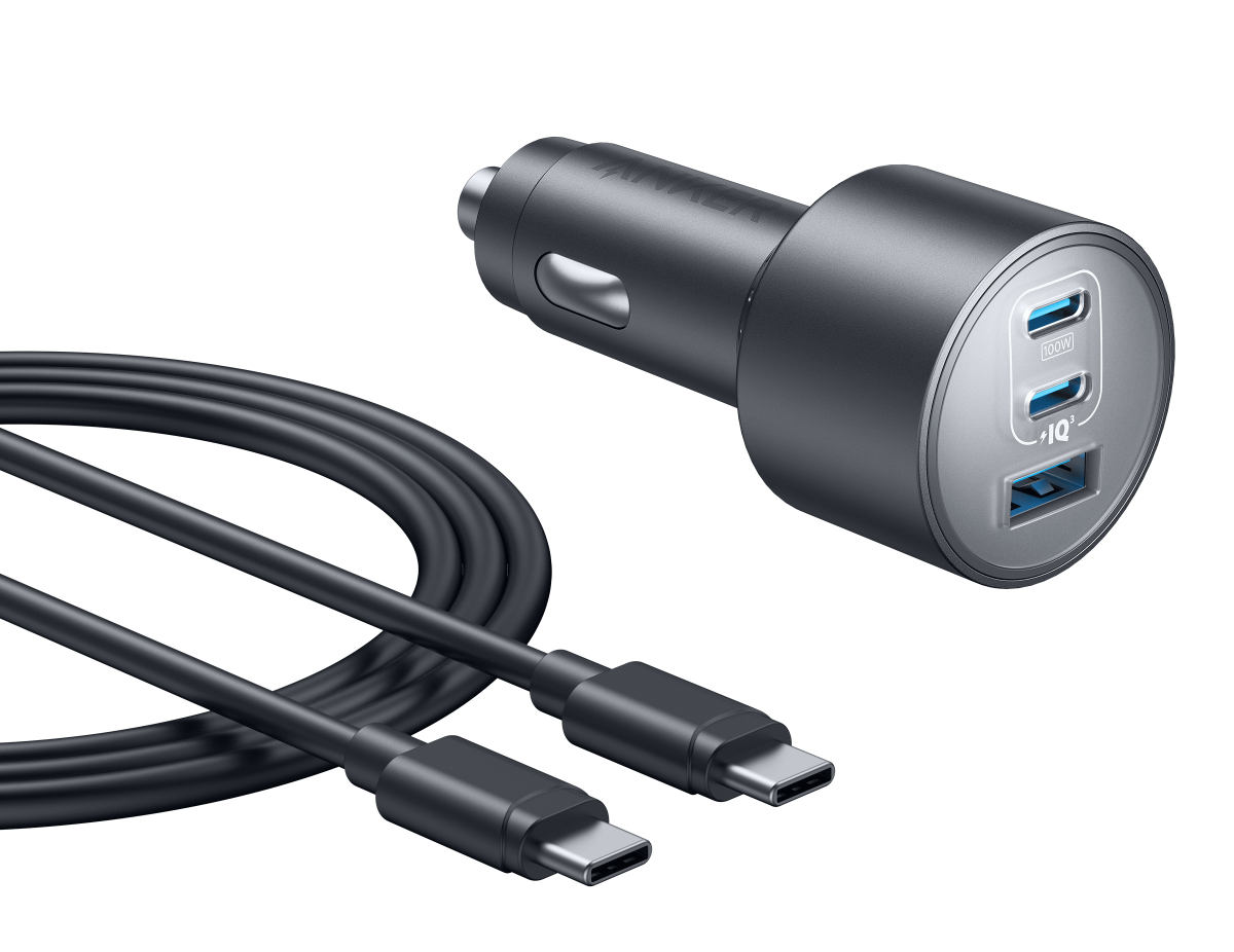 Anker Nano car charger with 3 USB ports and 167.5W power output, compact black design for fast device charging.