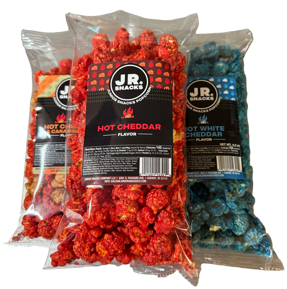 Junior Snacks Company hot flavor sample pack featuring three individually wrapped snack samples in colorful packaging.